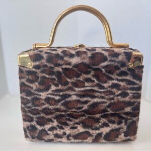 Vintage Leopard Animal Print Faux Fur Gold Accent Handles Box Purse